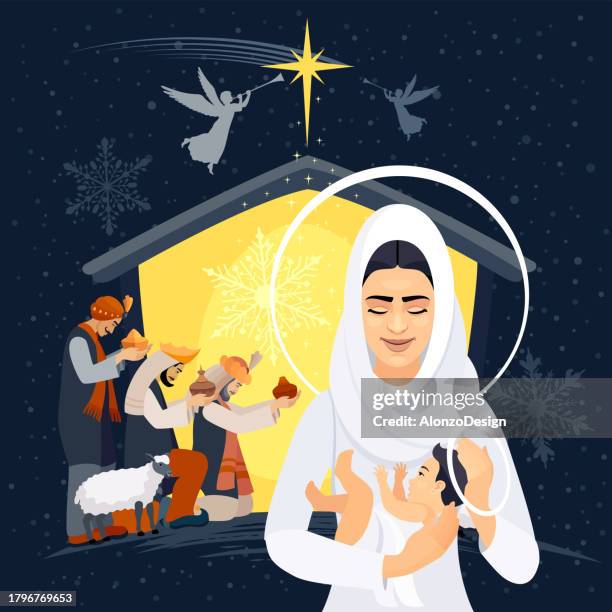 ilustraciones, imágenes clip art, dibujos animados e iconos de stock de virgen maría y santo niño. - nativity scene painting