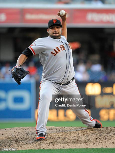 Jose Mijares of the San Francisco Giants pitches during a baseball game against the San Diego Padres at Petco Park on September 4, 2013 in San Diego,...