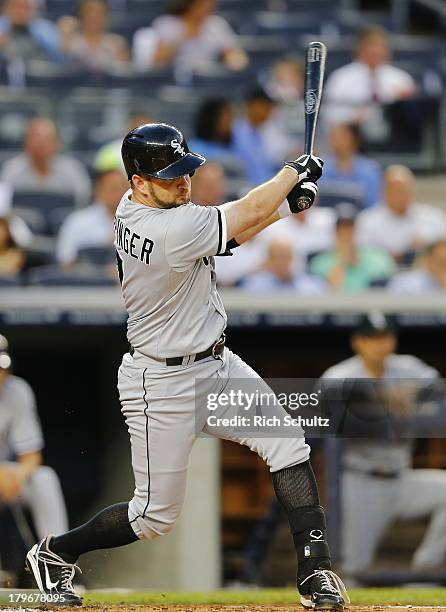 Jeff Keppinger of the Chicago White Sox in action against the New York Yankees in a MLB baseball game at Yankee Stadium on September 4, 2013 in the...