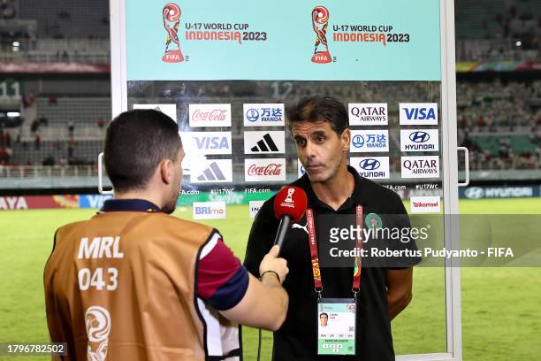 Said Chiba, Head Coach of Morocco, is interviewed after the FIFA U-17 World Cup Group A match between Morocco and Indonesia at Gelora Bung Tomo...