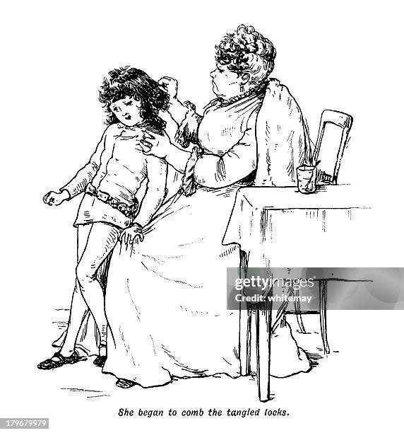 victorian woman combing a reluctant boy's tangled hair - combing stock illustrations