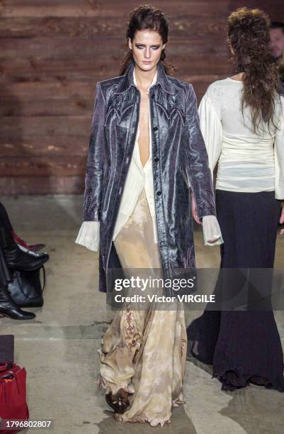 Model walks the runway during the Catherine Malandrino Ready to Wear Fall/Winter 2002-2003 fashion show as part of the New York Fashion Week on...