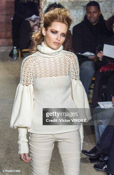 Rie Rasmussen walks the runway during the Catherine Malandrino Ready to Wear Fall/Winter 2002-2003 fashion show as part of the New York Fashion Week...