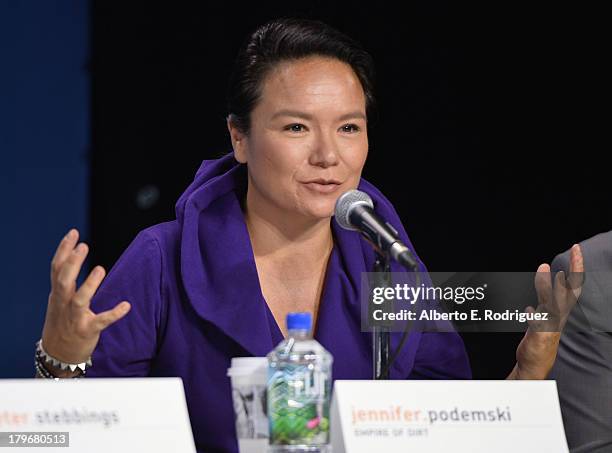 Actress/Producer Jennifer Podemski of 'Empire of Dirt' speaks onstage at First Peoples Cinema Press Conference during the 2013 Toronto International...