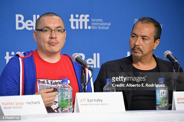 Director Jeff Barnaby and actor Glen Gould of 'Rhymes for Young Ghouls' speak onstage at First Peoples Cinema Press Conference during the 2013...