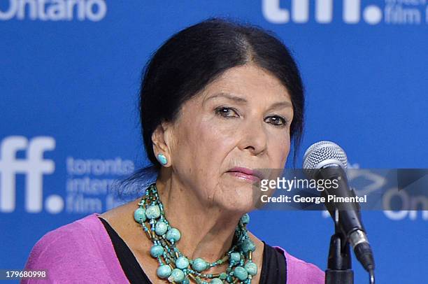 Director Alanis Obomsawin of 'Hi-Ho Mistahey!' speaks onstage at the 'First Peoples Cinema' Press Conference at the 2013 Toronto International Film...
