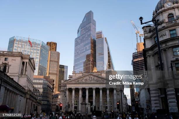 Skyscrapers in the City of London rising above the Royal Exchange at Bank on 14th November 2023 in London, United Kingdom. The City of London is a...