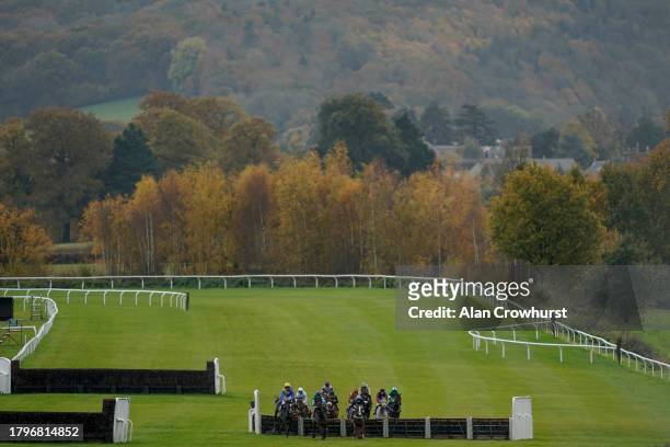 Runners turn into the straight during The Age UK Somerset 75th Anniversary Maiden Hurdle at Taunton Racecourse on November 16, 2023 in Taunton,...