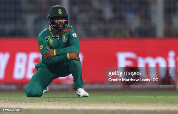 Temba Bavuma of South Africa looks on during the ICC Men's Cricket World Cup India 2023 Semi Final match between South Africa and Australia at Eden...