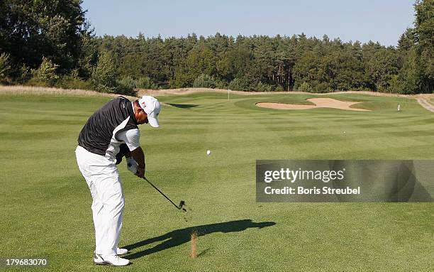 Boochu Ruangkit of Thailand in action during the first round on day one of the WINSTONgolf Senior Open played at WINSTONgolf on September 6, 2013 in...