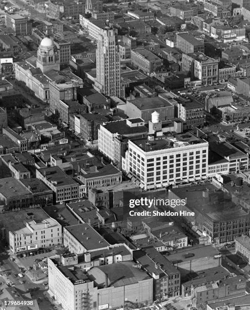 An aerial view of the Court House and Lincoln Bank Tower in Fort Wayne, Indiana.