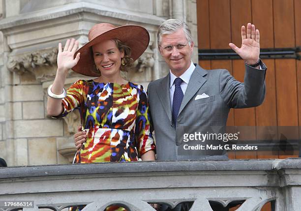 Queen Mathilde of Belgium and King Philippe of Belgium make their first visit to the city, known as the "Joyous Entry" on September 6, 2013 in...