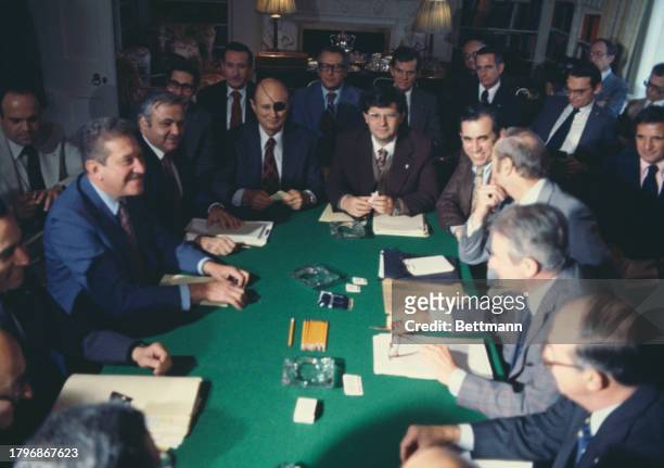 Israeli and Egyptian negotiators meeting for peace talks at Blair House in Washington, October 31st 1978. They are : Ezer Weizman , Israeli Defence...