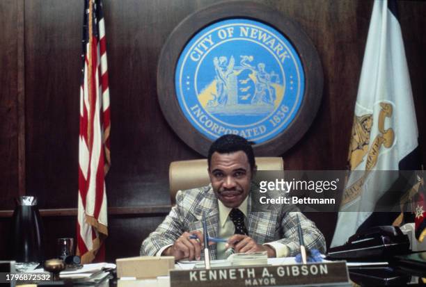Kenneth Gibson , Mayor of Newark, seated in his office, New Jersey, May 1977.