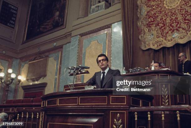 Spanish Prime Minister Adolfo Suarez addressing a joint session of parliament in Madrid, Spain, 1978.