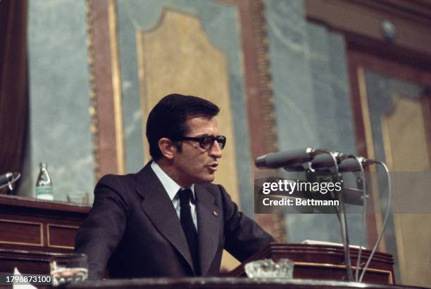 Spanish Prime Minister Adolfo Suarez addressing a joint session of parliament in Madrid, Spain, 1978.