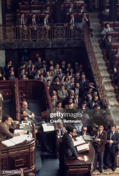 Spanish Prime Minister Adolfo Suarez addressing a joint session of parliament in Madrid, Spain, 1978.