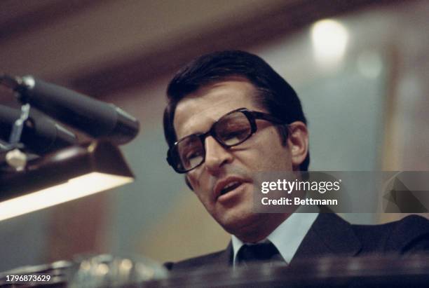 Spanish Prime Minister Adolfo Suarez addressing a joint session of parliament in Madrid, Spain, 1978.
