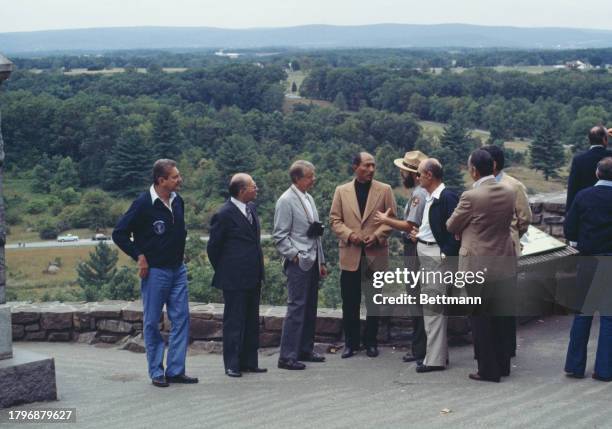 President Jimmy Carter visiting the Gettysburg National Military Park in Pennsylvania with Israeli and Egyptian delegates from the Camp David Summit,...