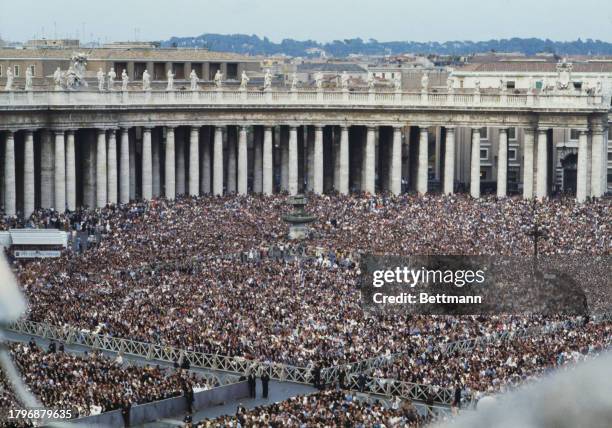Elevated view of a crowd awaiting the noon blessing by newly-elected Pope John Paul I in St Peter's Square, Vatican City, September 3rd 1978.