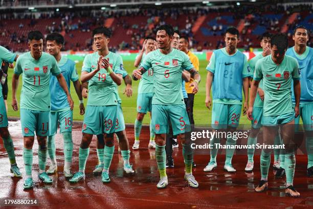 China team celebrate with the fan during the FIFA World Cup Asian 2nd qualifier match between Thailand and China at Rajamangala Stadium on November...