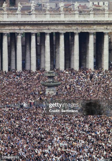 Elevated view of a crowd awaiting the noon blessing by newly-elected Pope John Paul I in St Peter's Square, Vatican City, September 3rd 1978.