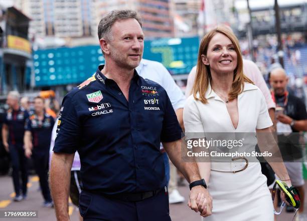 Christian Horner of Great Britain and Red Bull Racing with his wife Geri Halliwell during the F1 Grand Prix of Monaco at Circuit de Monaco on May 28,...