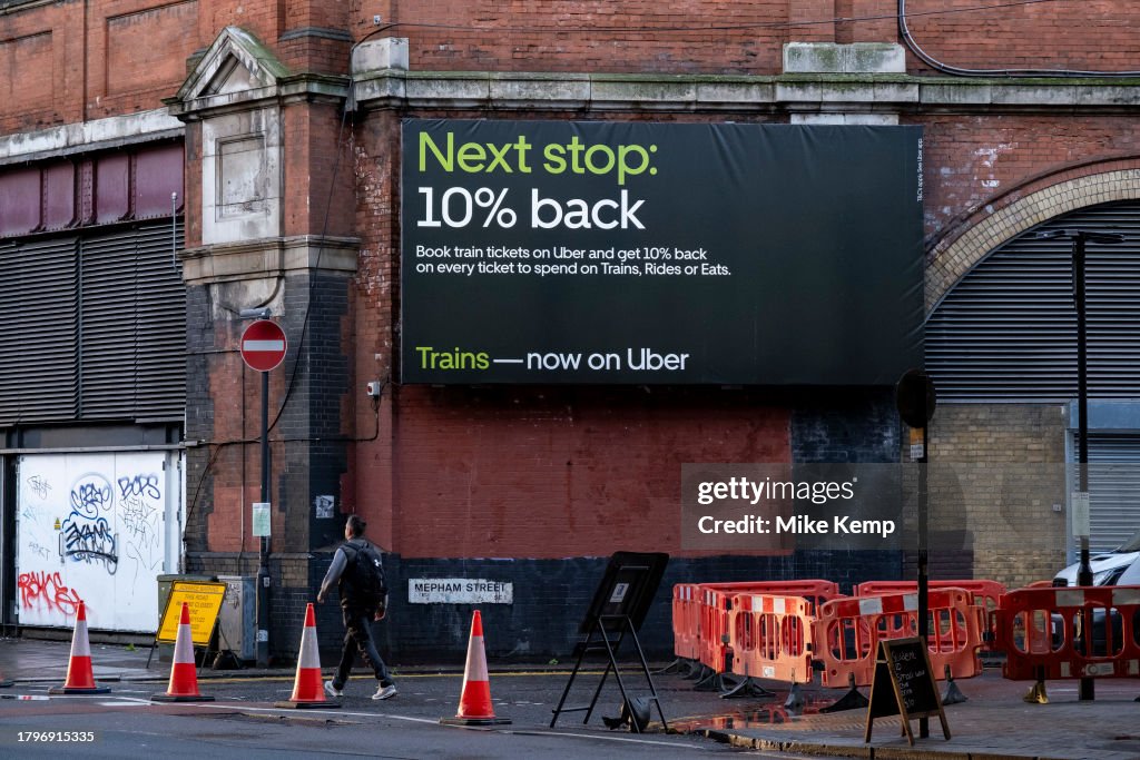 Uber Train Advertising billboards for Uber Trains outside Waterloo station on ...