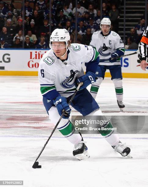 Brock Boeser of the Vancouver Canucks skates against the Toronto Maple Leafs at Scotiabank Arena on November 11, 2023 in Toronto, Ontario, Canada.