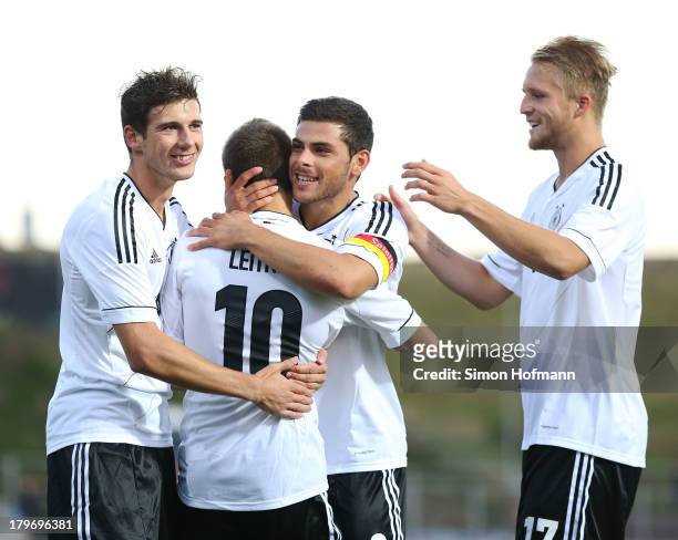 Moritz Leitner of Germany celebrates his team's first goal with team-mates Leon Goretzka , Kevin Volland and Philipp Hofmann during the UEFA Under21...