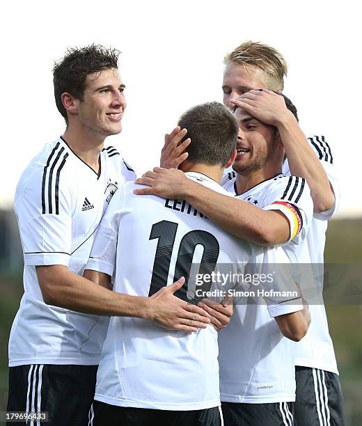 Moritz Leitner of Germany celebrates his team's first goal with team-mates Leon Goretzka , Kevin Volland and Philipp Hofmann during the UEFA Under21...