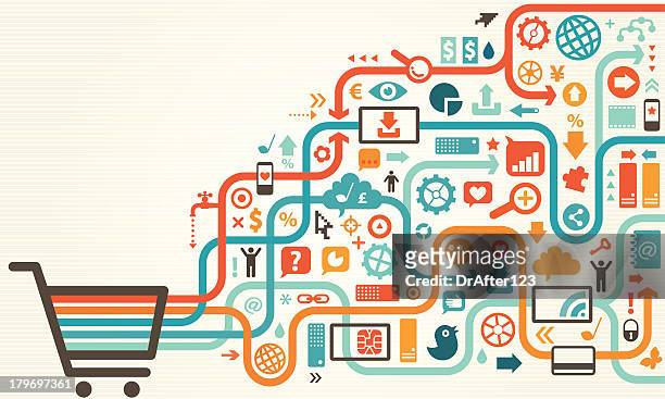 stockillustraties, clipart, cartoons en iconen met vector illustration of shopping cart with icons - e commerce