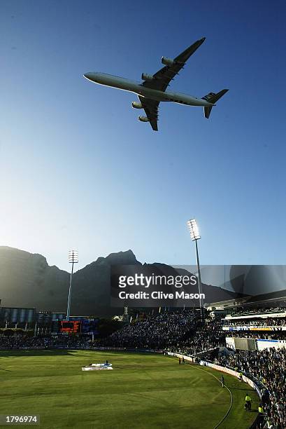 South African Airways plane passes over Newlands during the ICC Cricket World Cup Opening match between South Africa and the West Indies held on...