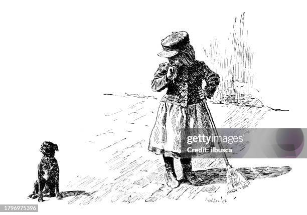 antique image of hampden county, massachusetts: springfield, girl with dog - 19 century town girl stock illustrations