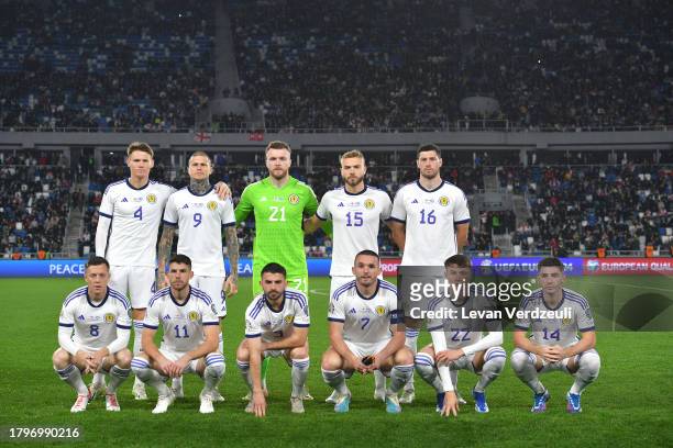 Players of Scotland pose for a team photograph prior to the UEFA EURO 2024 European qualifier match between Georgia and Scotland at Boris Paichadze...
