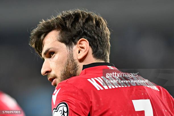 Khvicha Kvaratskhelia of Georgia looks on after scoring the teams first goal during the UEFA EURO 2024 European qualifier match between Georgia and...