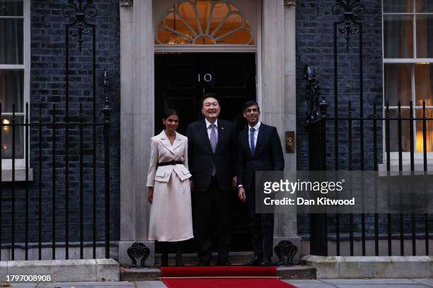 Britain's Prime Minister Rishi Sunak and wife Akshata Murty welcome the President of South Korea Yoon Suk Yeol to Downing Street as he carries out a...