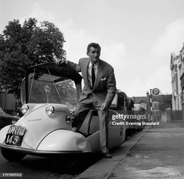 Actor Bonar Colleano stepping out of a Messerschmitt KR200 bubble car, May 17th 1957.