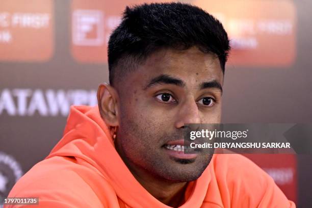 India's captain Suryakumar Yadav addresses a press conference on the eve of their first Twenty20 international cricket match against Australia at the...