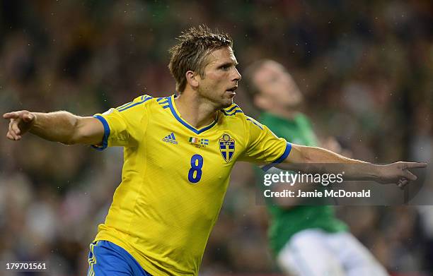 Anders Svensson of Sweden celebrates his goal during the FIFA 2014 World Cup Qualifying Group C match between Republic of Ireland and Sweden at Aviva...