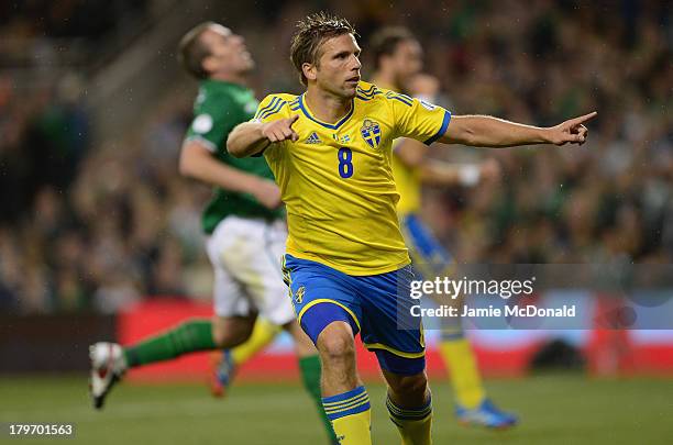 Anders Svensson of Sweden celebrates his goal during the FIFA 2014 World Cup Qualifying Group C match between Republic of Ireland and Sweden at Aviva...