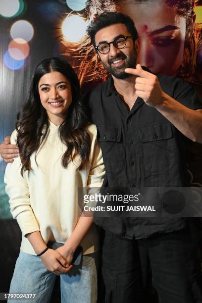 Bollywood actors Rashmika Mandanna and Ranbir Kapoor attend the screening of their upcoming Indian Hindi-language action thriller film 'Animal' in...
