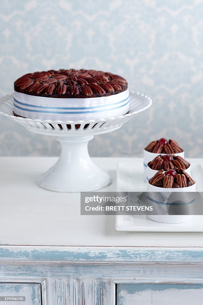 Fruitcake made with alcohol on cake stand