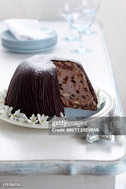 frozen chocolate pudding - christmas pudding stockfoto's en -beelden