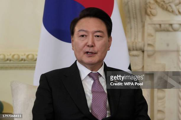 President of South Korea Yoon Suk Yeol makes some remarks to the media at the start of his meeting with Britain's Prime Minister Rishi Sunak inside...