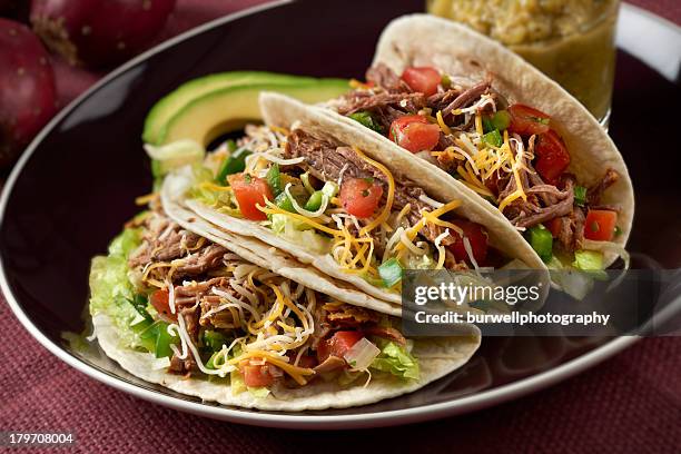 beef barbacoa tacos - mexican food plate stock pictures, royalty-free photos & images