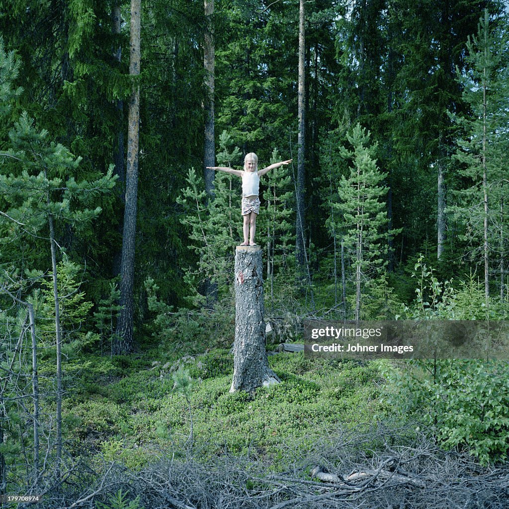 Girl standing on stump in forest