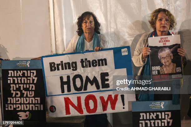 Relatives, friends and supporters of Ditza Heiman held hostage in Gaza since the October 7 attack by Hamas militants in southern Israel, take part in...