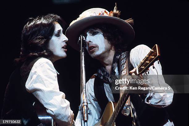 Musicians Bob Dylan and Joan Baez are photographed onstage during the Rolling Thunder Revue in 1975. CREDIT MUST READ: Ken Regan/Camera 5 via Contour...