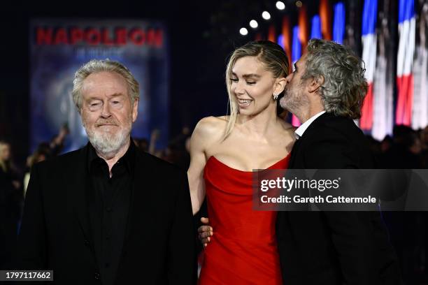 Ridley Scott, Vanessa Kirby and Joaquin Phoenix attend the "Napoleon" UK Premiere at Odeon Luxe Leicester Square on November 16, 2023 in London,...